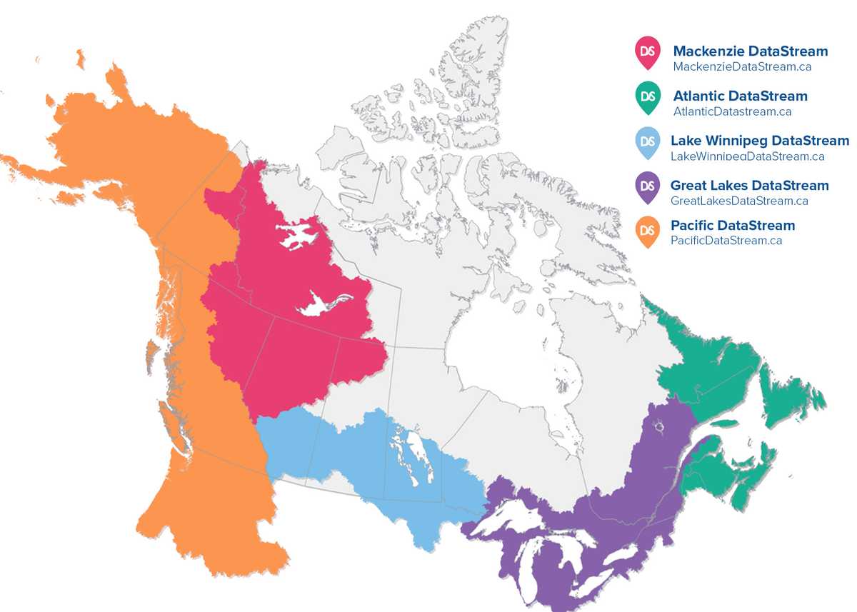 Carte du Canada avec cinq centres régionaux de DataStream mis en évidence dans différentes couleurs
